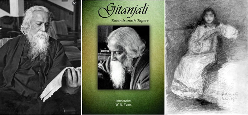 Rabindranath Tagore, front cover of Gitanjali, and Sarojini Naidu